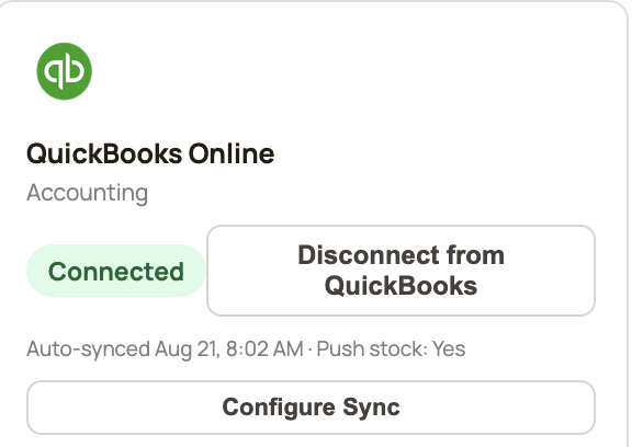 Cheetah Smart Settings, Integrations screen showing QuickBooks Online Connected and auto-syncing