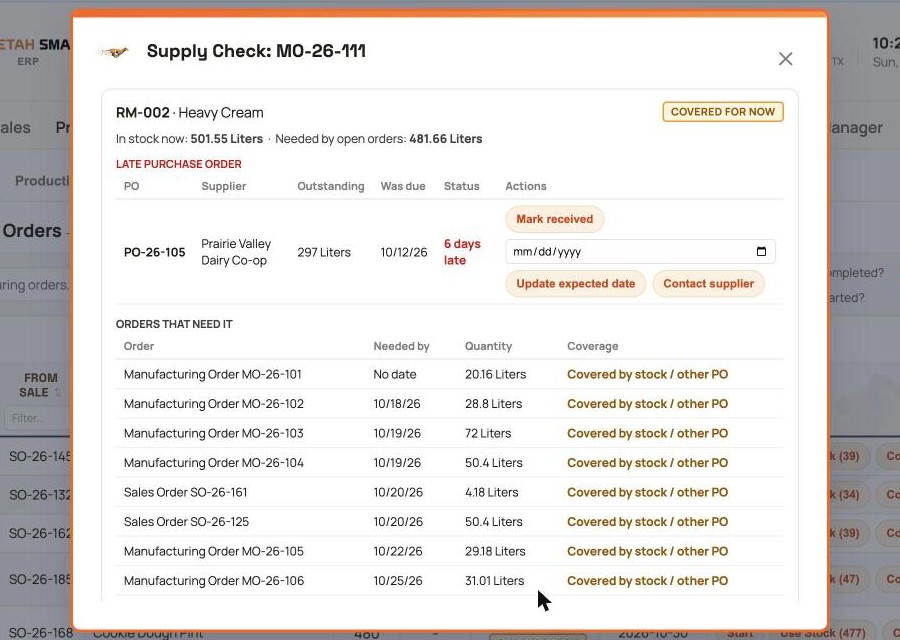 Supply Check panel showing a late purchase order, days late and the orders that need the material